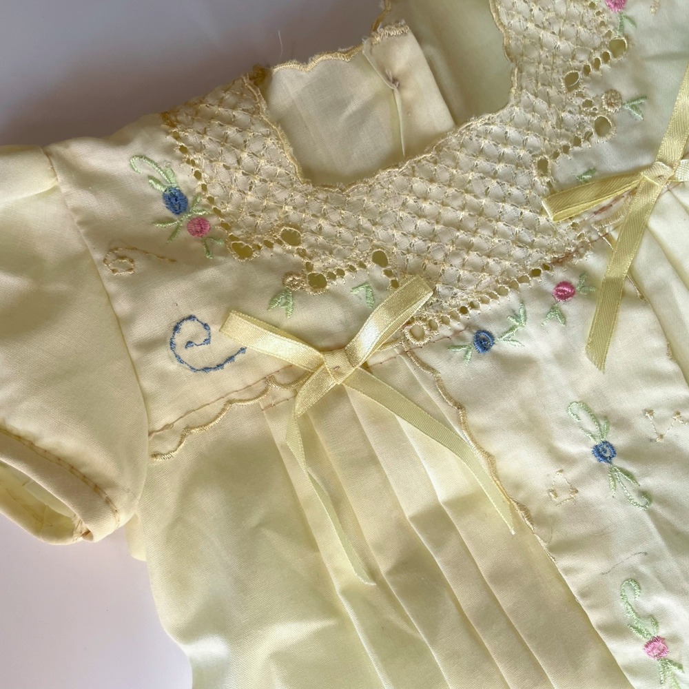 Vintage Baby Girls Yellow Embroidered Lace Dress Floral Heirloom Cottagecore